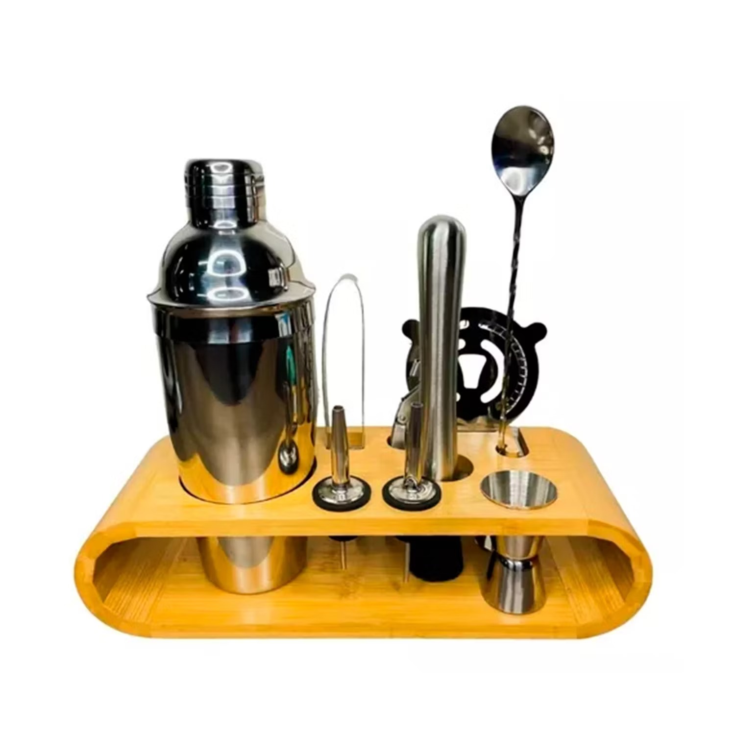 Set De Coctelería Barman 9 Piezas + Base Madera Profesional - Imagen 2