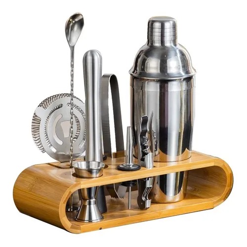 Set De Coctelería Barman 9 Piezas + Base Madera Profesional
